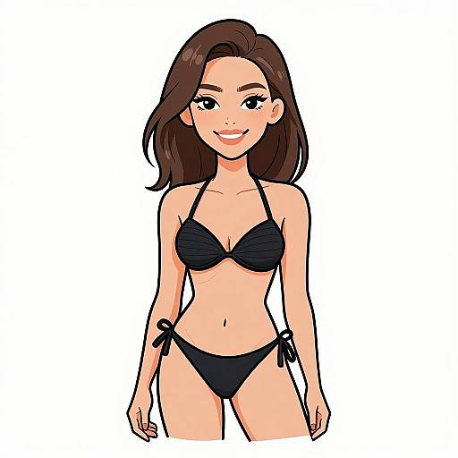 Smiling Woman in Ribbed Black Bikini