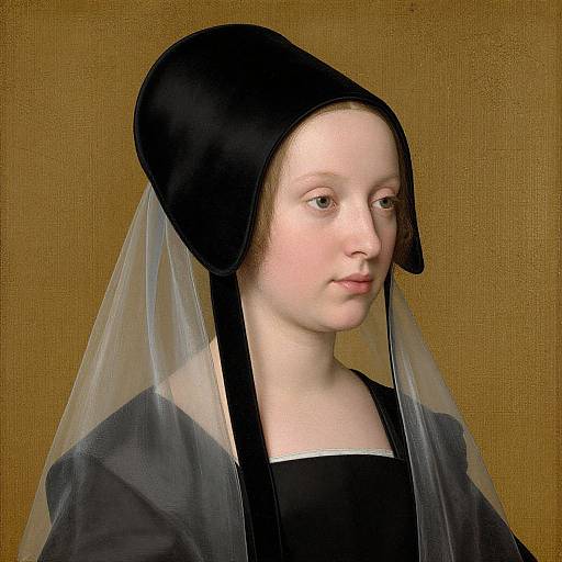 Renaissance portrait of a pale-skinned woman with a black hat and veil, light brown hair, and simple black dress, against a gold textured
