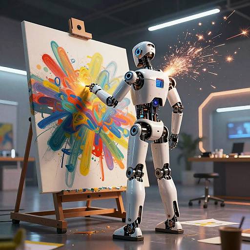Futuristic Robot Painter Creating Art