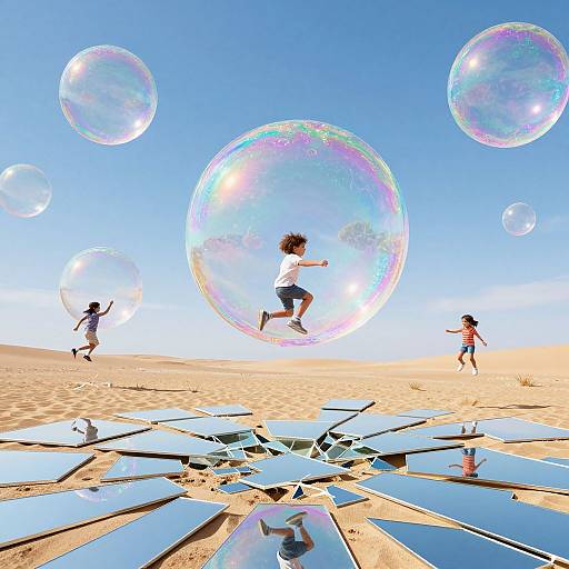 Photograph of three children jumping on a desert with shattered mirrors, creating reflections, chasing large, iridescent soap bubbles under a clear blue sky.