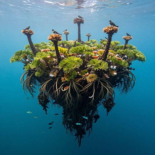 Underwater photograph of a floating cluster of green and orange sea plants with black stalks, surrounded by small fish, reflecting on the blue water surface.