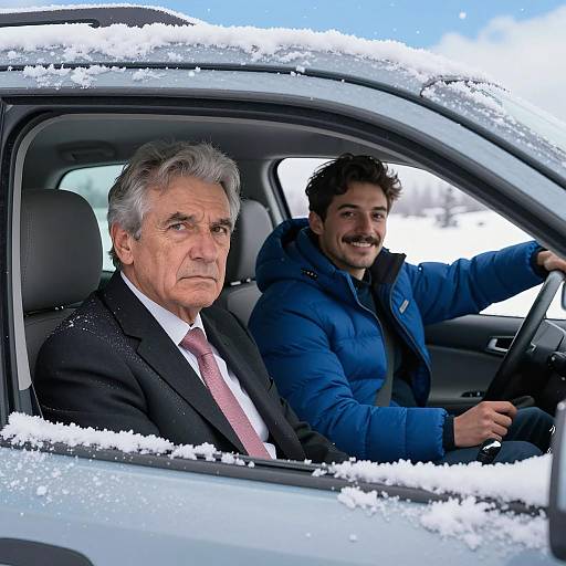 Two Men in Snowy Car Interior