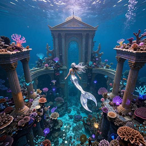 Digital fantasy artwork: A glowing white mermaid with flowing hair swims through an underwater ruin adorned with vibrant corals and glowing fish, illuminated by sunlight from