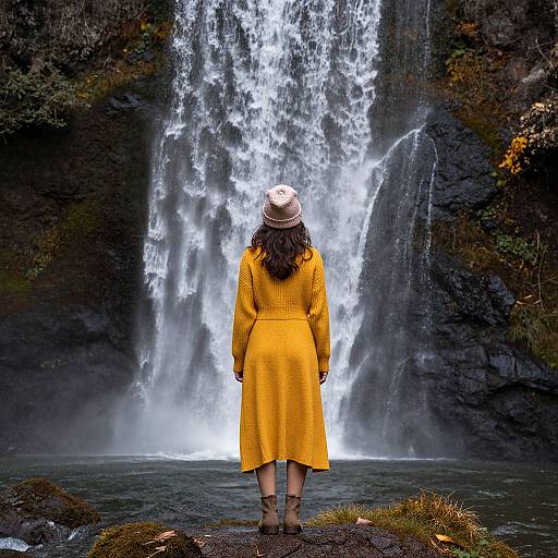 Photograph of a woman in a yellow dress and white hat standing before a tall, cascading waterfall, with dark rocks and mossy vegetation surrounding the