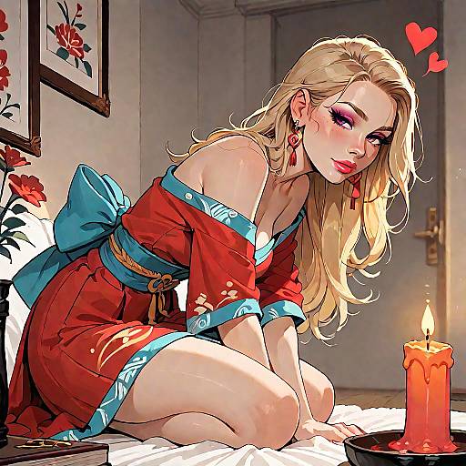 Blonde Woman in Red Kimono Kneeling by Candlelight