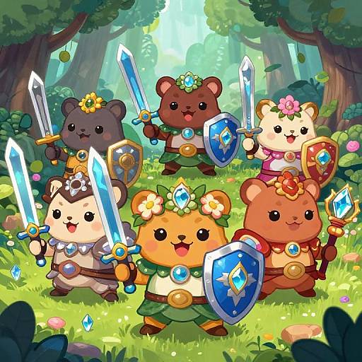 Cute cartoon bears in a sunny forest, armed with glowing swords and shields, wearing flower crowns, and green skirts, ready for battle. Digital