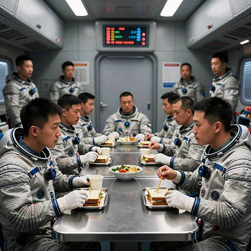 Astronauts Dining in a Spaceship Mess Hall