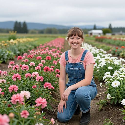 Photograph of a smiling young woman with brown hair in denim overalls and pink shirt, kneeling in a colorful flower field with pink, white, and