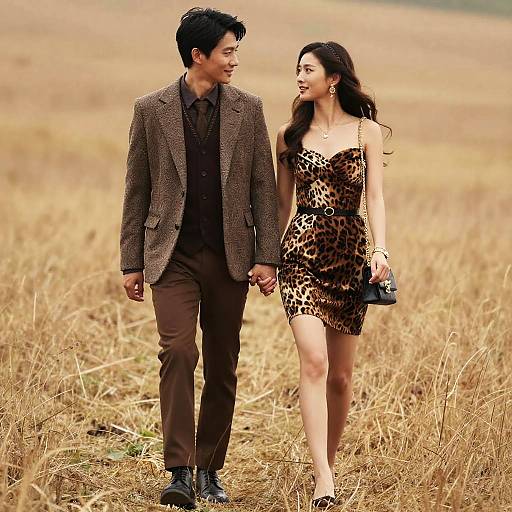 Photograph of an Asian couple walking in a golden field; he wears a brown suit, she in a leopard print dress, holding a camera. They