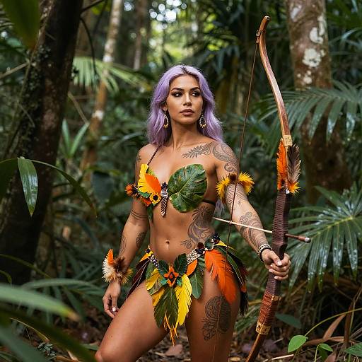 Photograph of a tattooed, purple-haired woman in tribal forest attire, holding a feathered bow, surrounded by lush jungle foliage.