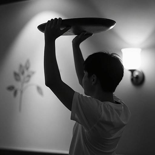 Silhouetted Person Holding Object Overhead