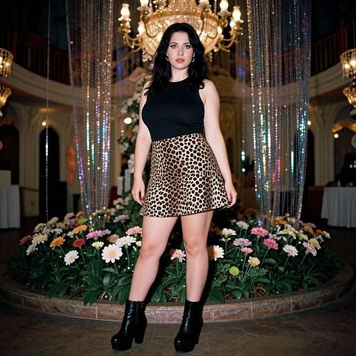 Photograph of a confident woman with dark hair, wearing a black top and leopard print skirt, black ankle boots, standing in a chandelier-lit