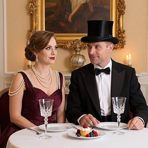 Elegantly Dressed Couple at Refined Dinner