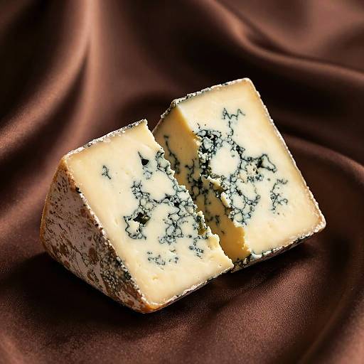 Two Triangular Slices of Blue Cheese on Satin