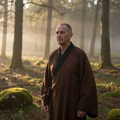 Photograph of an older, balding man in a brown robe standing in a misty forest with sunlight filtering through trees.