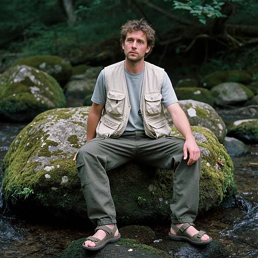 Photograph of a curly-haired, bearded man in a white vest, green pants, and sandals, sitting on moss-covered rocks in a forest stream