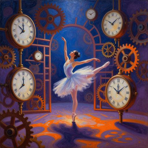 Digital painting of a ballerina in a white tutu, dancing gracefully between large, glowing clocks and gears in a blue, industrial setting.