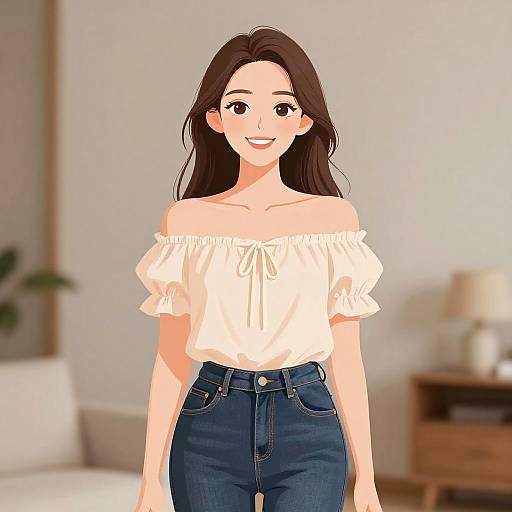 Digital anime-style drawing of a smiling woman with long brown hair, wearing an off-shoulder white top and high-waisted blue jeans, standing