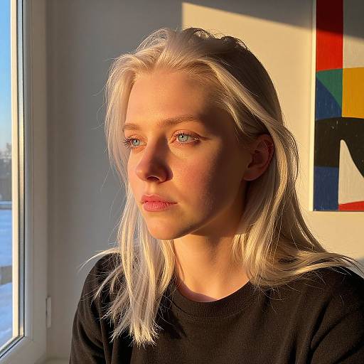 Photograph of a fair-skinned, blonde woman with blue eyes, wearing a black shirt, bathed in sunlight from a window, with colorful abstract