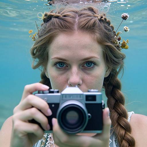 Photograph of a young woman with braided red hair, blue eyes, and flower crown, underwater, holding a vintage camera close to her face.