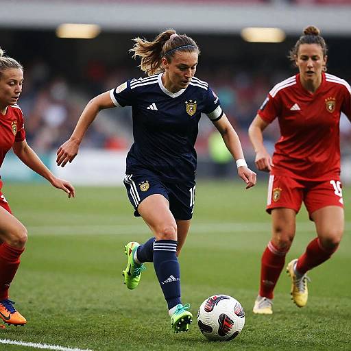 Photograph of a female soccer match: focused female player in navy jersey dribbling ball, chased by two red-clad opponents on green field.