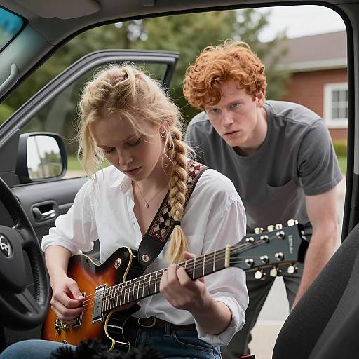 Young woman playing electric guitar in car with man watching