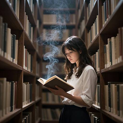 Photograph of a young woman with long brown hair, wearing a white blouse and black skirt, reading a book in a dimly lit, narrow library