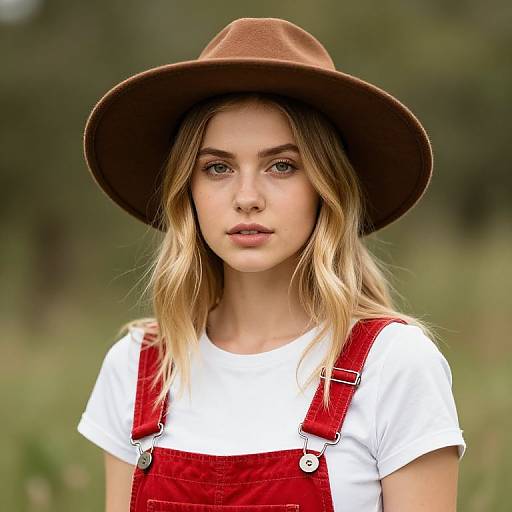 Blonde Girl in Brown Hat and Overalls