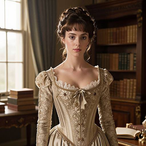 Photograph of a young woman with fair skin and dark hair in an elaborate 18th-century cream-colored corset dress with lace and ribbon, standing