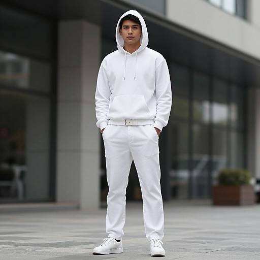 Photograph of a young man standing confidently in an urban setting, wearing an all-white hoodie, pants, and sneakers, with his hands in his pockets