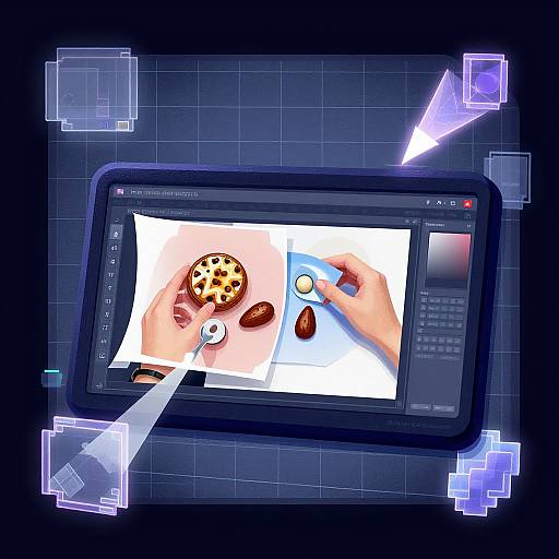 Digital illustration of a tablet screen displaying a photo of hands holding cookies, with blue transparent arrows and grid background.