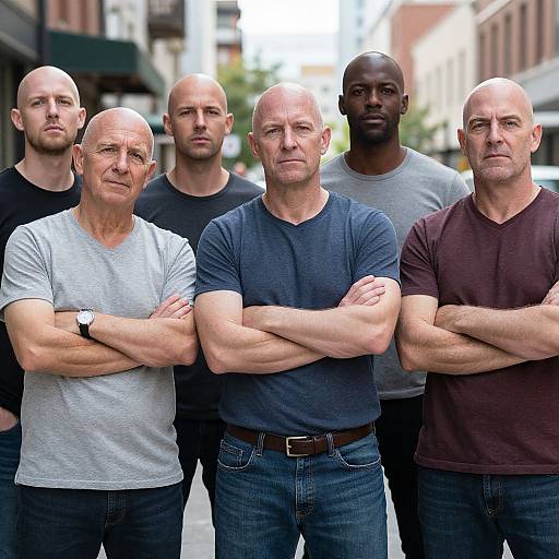 Photograph of six bald, muscular men standing in a city street, arms crossed, wearing casual t-shirts and jeans, serious expressions.