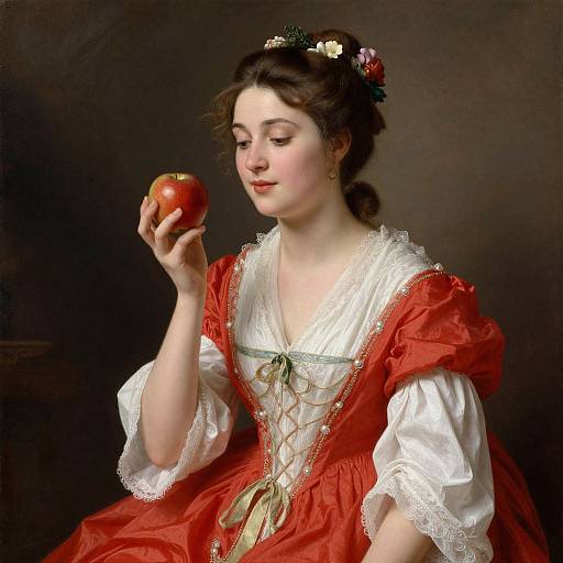 Classical portrait of a fair-skinned woman with dark hair in an updo, wearing a red and white Renaissance-style dress, holding a red apple