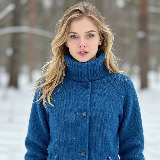 Photograph of a blonde woman with blue eyes, wearing a blue knitted turtleneck coat, standing in a snowy forest.