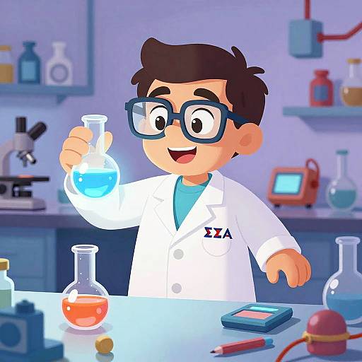 Digital cartoon of a young boy with brown hair and blue glasses, wearing a white lab coat, holding a glowing blue test tube in a well-equipped science