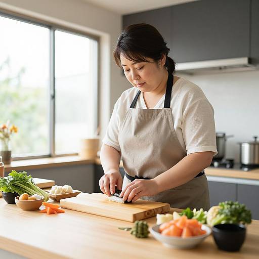 Photograph of an Asian woman with black hair in a white shirt and gray apron, slicing vegetables on a wooden kitchen counter. Bright daylight from window