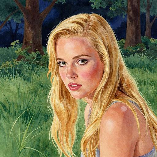 Digital painting of a blonde woman with long hair, green eyes, and pink lips, looking over her shoulder in a lush forest at night.