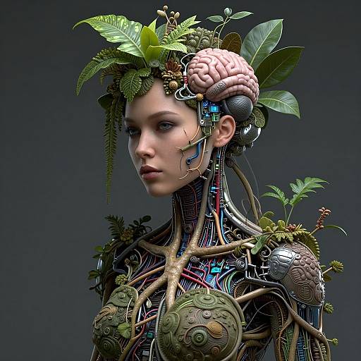 Cyberpunk Woman with Botanical Mechanics