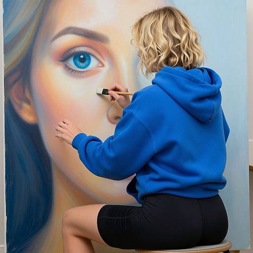 Photograph of a blonde woman in a blue hoodie and black shorts painting a large, hyper-realistic blue-eyed portrait on a white wall.