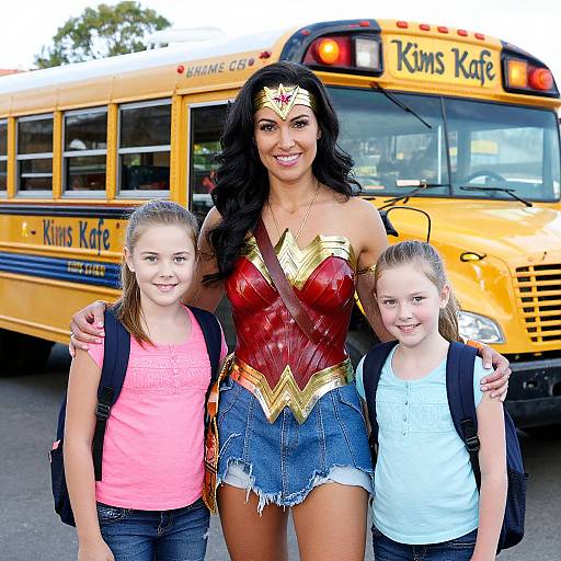Photograph of a muscular woman with long black hair, dressed as Wonder Woman, standing with two smiling young girls in front of a yellow school bus labeled