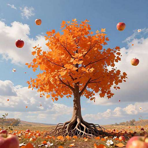Photograph of a vibrant orange autumn tree with floating red apples, rooted in grassy field under bright blue sky with white clouds.