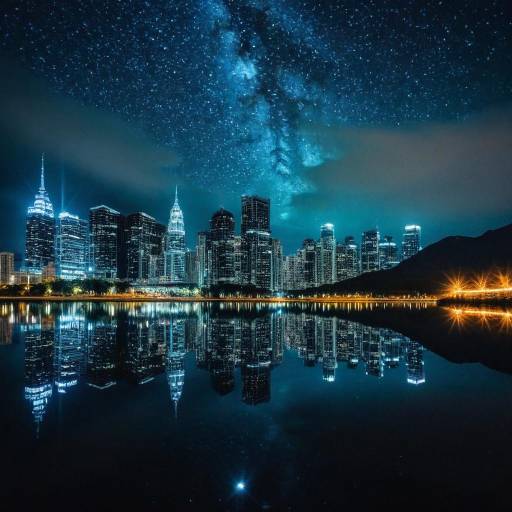 Night Skyline with Milky Way Reflection