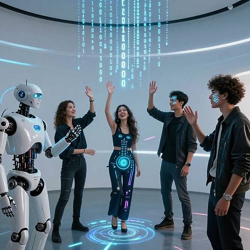 Photograph of five people in a futuristic room with a white robot, four raising hands, one wearing glowing outfit, blue LED lights hanging from ceiling.