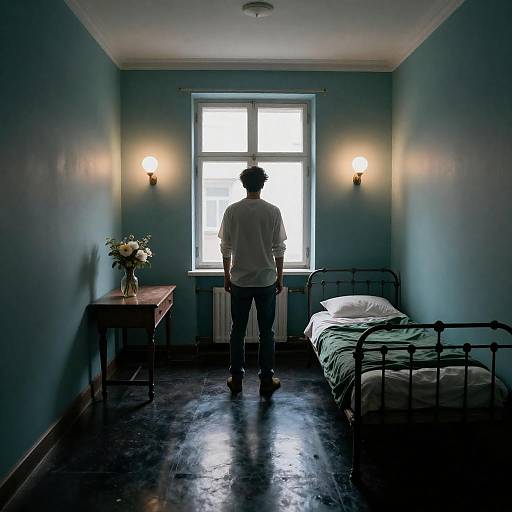 Man Facing Window in Blue Room