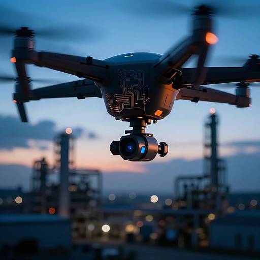 Photograph of a drone with blurred propellers, camera lights on, flying over an industrial plant at dusk, with a blue and orange sunset sky in