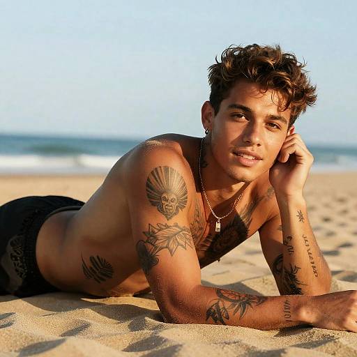 Golden-Hour Tattooed Man on Sunlit Beach
