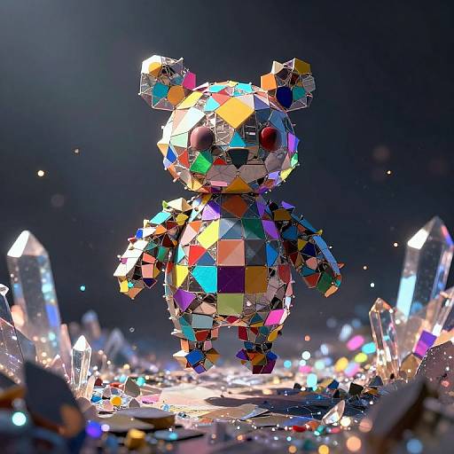 CGI image of a colorful, cube-like teddy bear standing amidst glowing, crystalline formations in a dark, starry background.