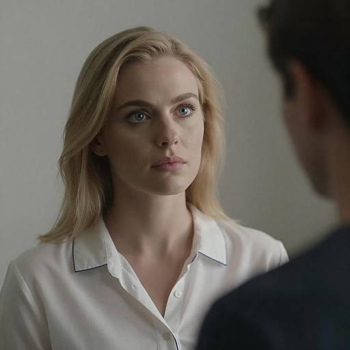 Serious Woman in White Blouse Engaged in Conversation