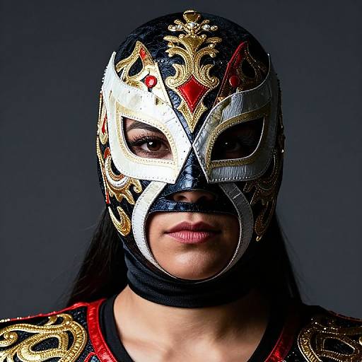 Photograph of a woman with medium skin tone wearing an ornate, black, silver, and gold luchador mask, and a red and black