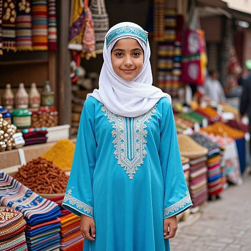 Photograph of a young girl with light brown skin, wearing a white hijab and blue embroidered traditional dress, standing in a vibrant, colorful market stall
